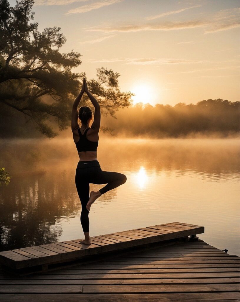 A girl doing yoga in nature watching Sunrise for mental health